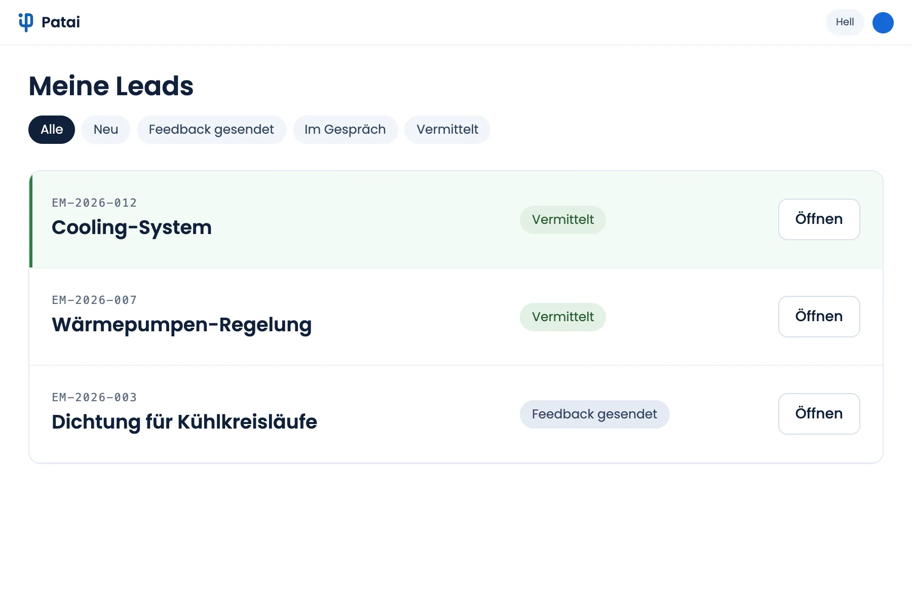 Das Tool von Patai aus Sicht einer Patentanwältin: Ihr wird eine neue Erfindungsmeldung zugeteilt. Sie schaltet sie frei, bestätigt, dass kein Interessenkonflikt besteht, und sendet ihr Feedback mit Preisrahmen. Danach steht der Lead auf „Vermittelt“.