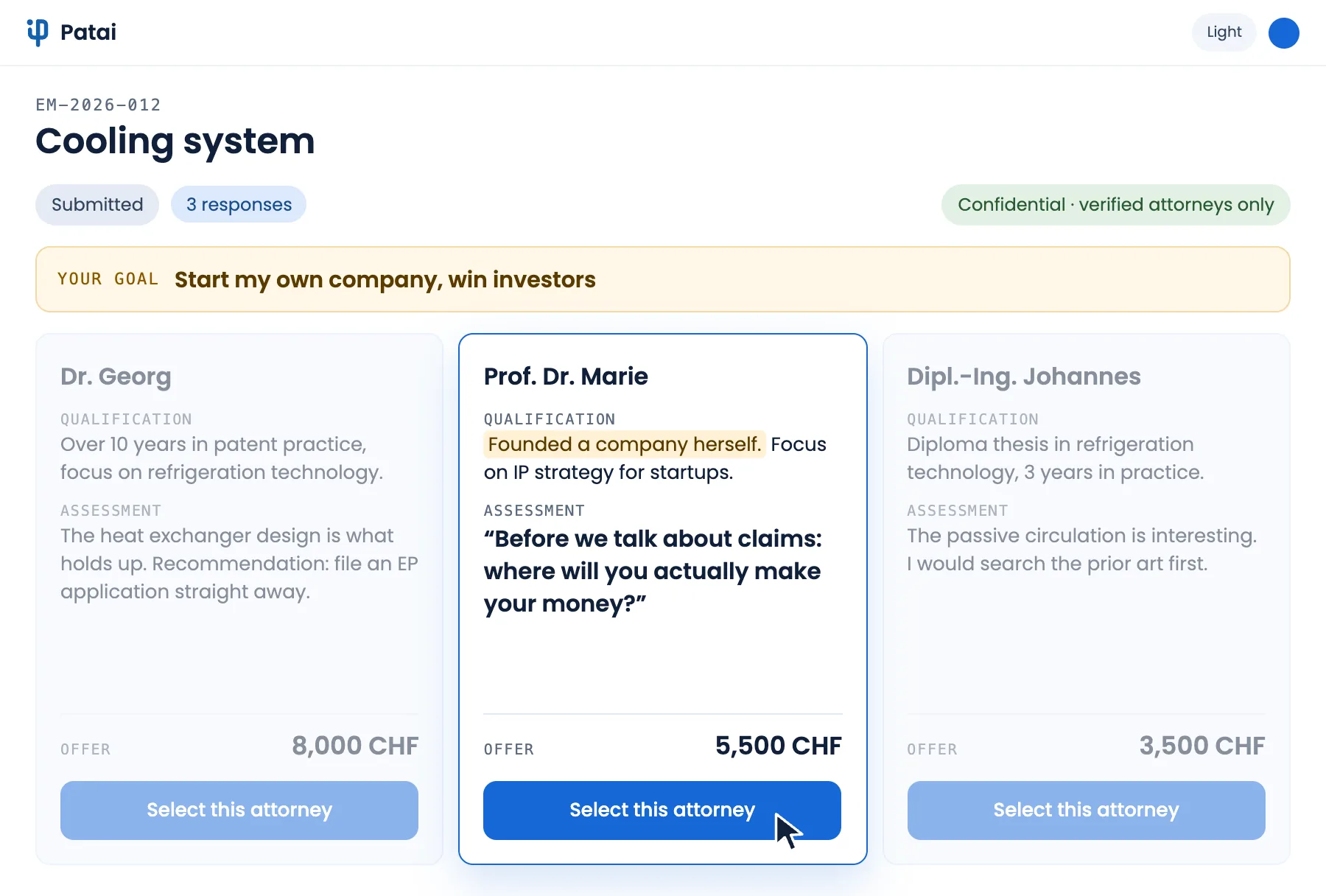 The Patai tool: three patent attorneys with different backgrounds and offers respond to an invention disclosure whose goal is to found a startup. The attorney who founded a company herself and asks about the business model first is selected.